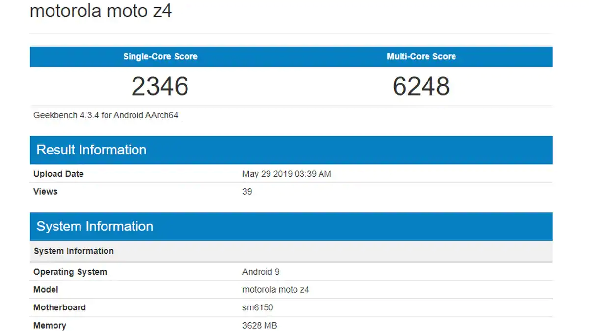 Moto Z4 Geekbench Listing