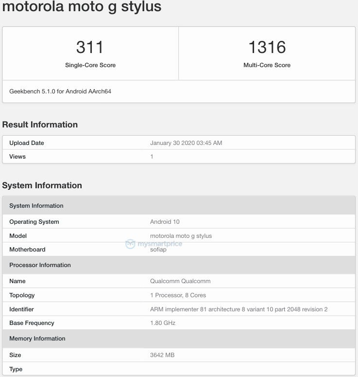 Moto G8 Stylus Geekbench