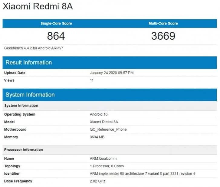 Redmi 8a Android 10 Geekbench