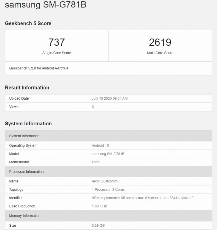 Samsung Galaxy S20 Lite Geekbench