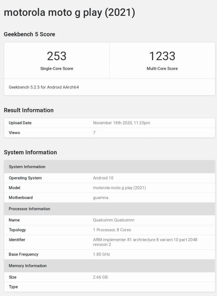 Moto G Play 2021 Geekbench Listing