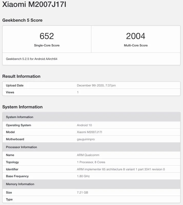 Xiaomi Mi 10i M2007j17i Geekbench