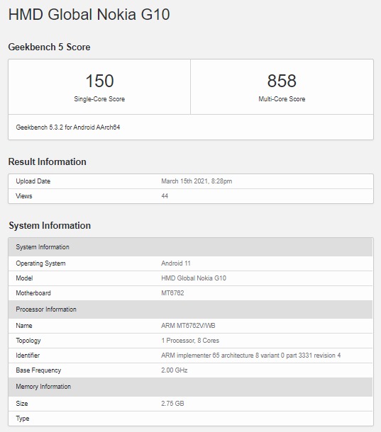 Nokia G10 Geekbench