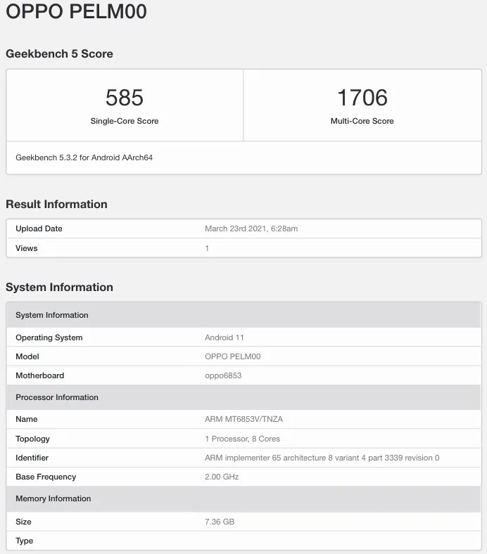 Oppo Reno5 Lite Pelm00 Geekbench