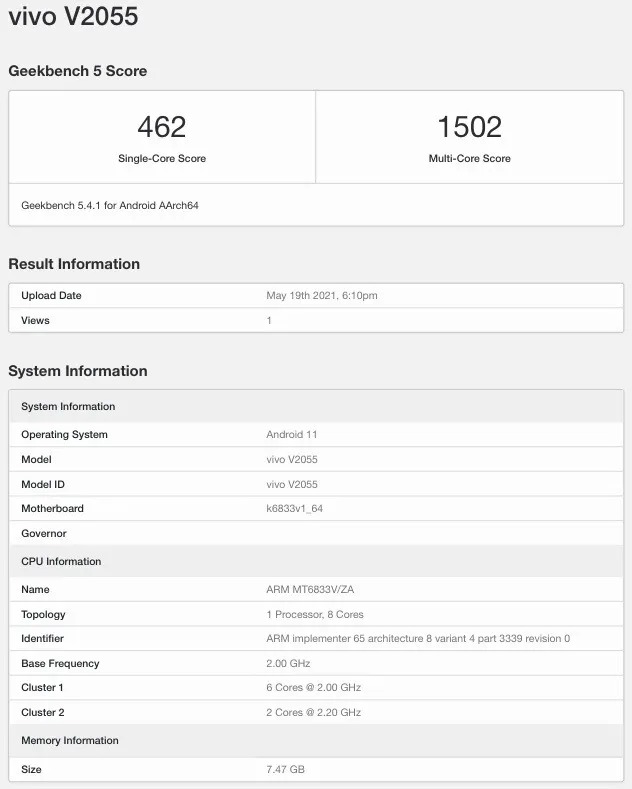 Vivo V21e 5g V2055 Geekbench