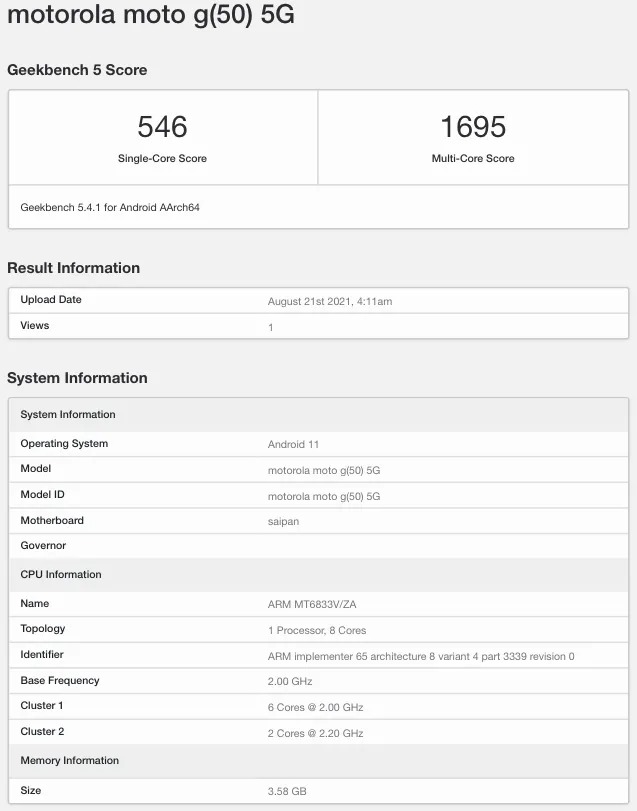 Motorola Moto G50 5g Geekbench