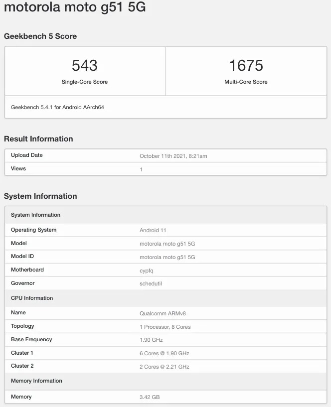 Motorola Moto G51 5g Geekbench