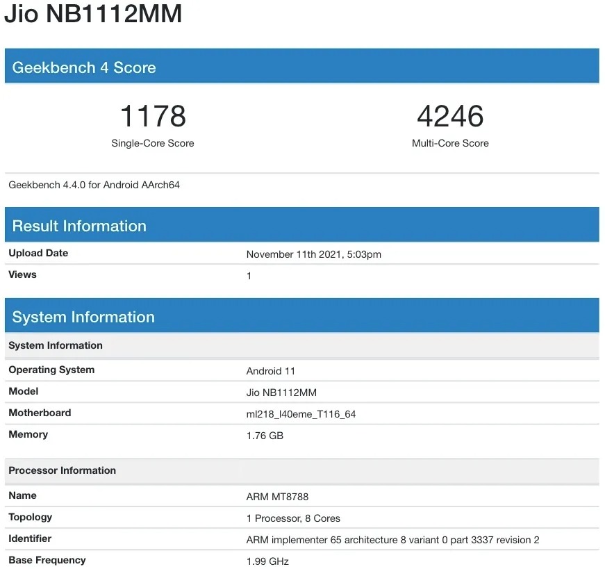 Jiobook Jio Nb1112mm Geekbench