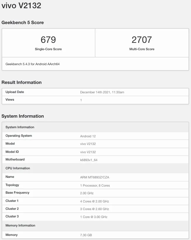 Vivo V23 Pro V2132 Geekbench