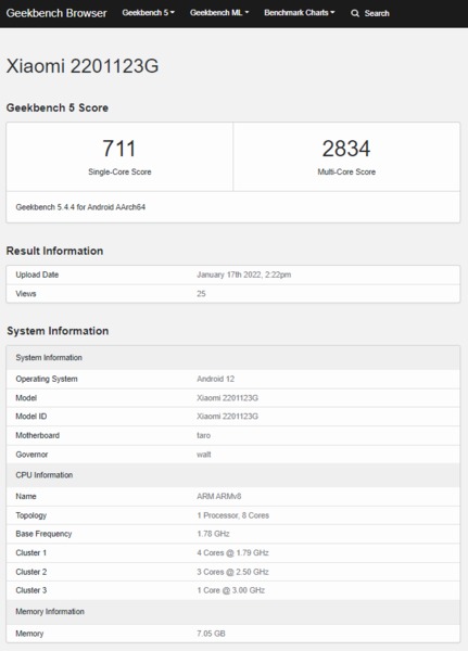 Xiaomi 12 Global Model On Geekbench